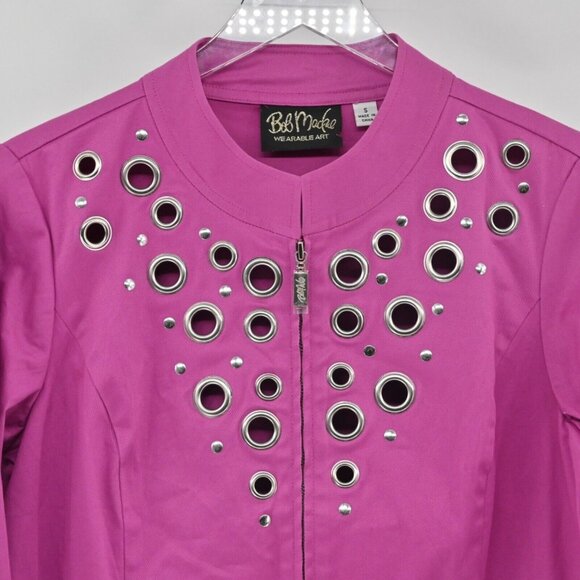 Vtg BOB MACKIE Jacket Womens Size S Pink Grommet Studded 3/4 Sleeve Full Zip 90s - Picture 2 of 14
